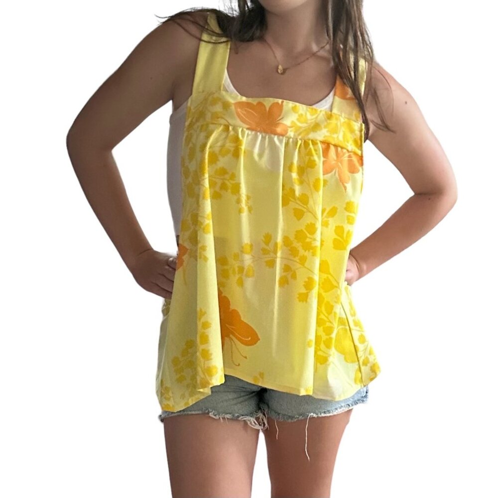 Side Eye Bird Butterfly Trapeze Pinafore Top OS Vintage Sheet Fabric Yellow OG